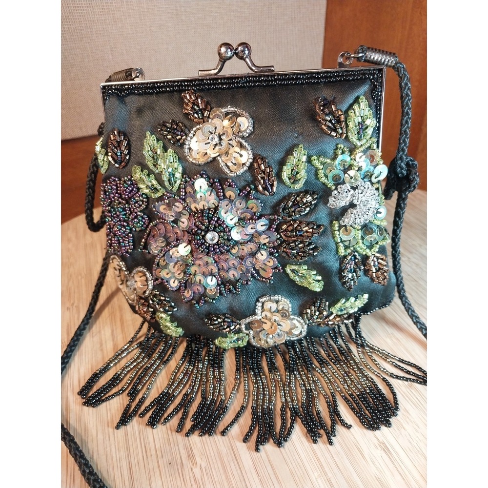 Lancome Black Multi Color Beaded Sequined Small 6" Snap Evening Bag Corded Strap - Picture 8 of 16